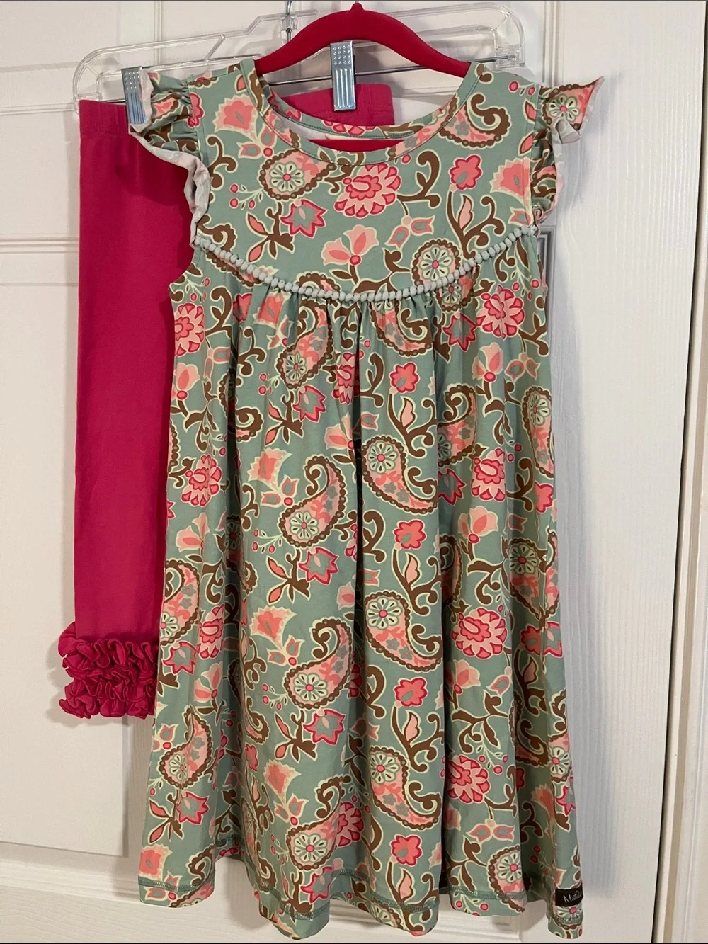 Matilda Jane Green and Pink Floral Pearl Dress 8 w Ruffle Pants 6